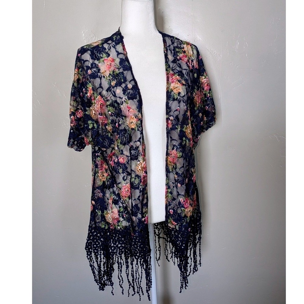 Sweet Rain Kimono Cardigan Womens Small Navy Blue Floral Lace Tassel Fringe Boho